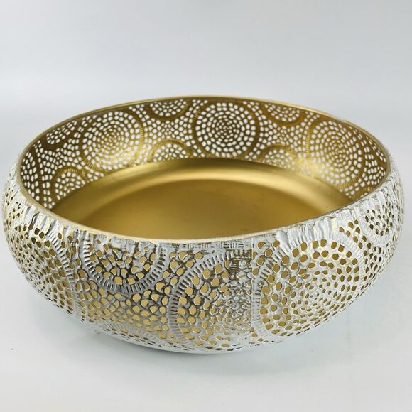 Pierced Punched Metal Mesh Counter Table Top Fruit Bowl Basket White Gold 10in - Picture 1 of 8